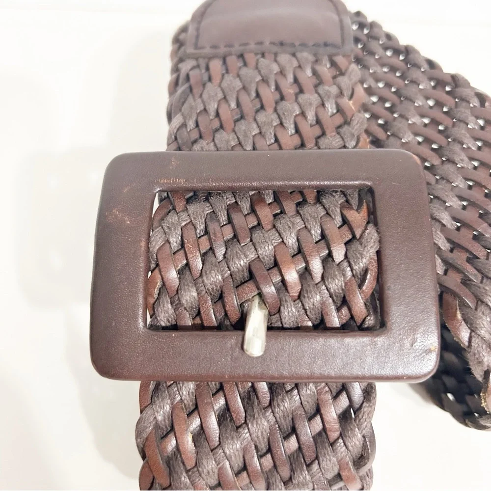 Calvin Klein Oversized Leather Covered Buckle Dark Brown Woven Leather Jute Belt